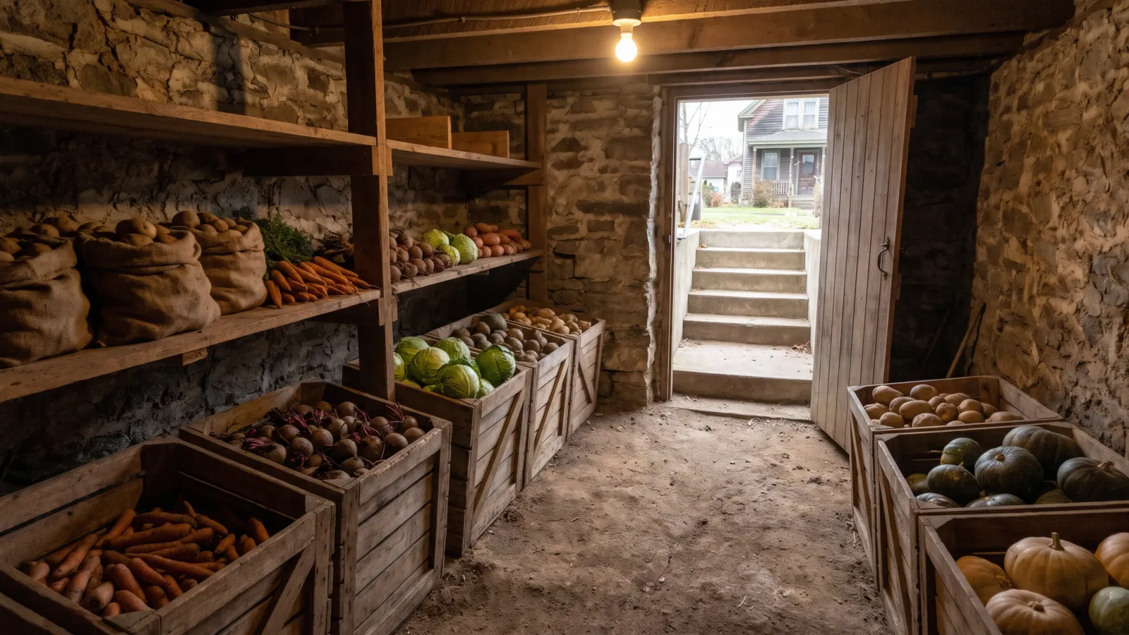 An underground root cellar with wooden shelves and slatted bins holding potatoes