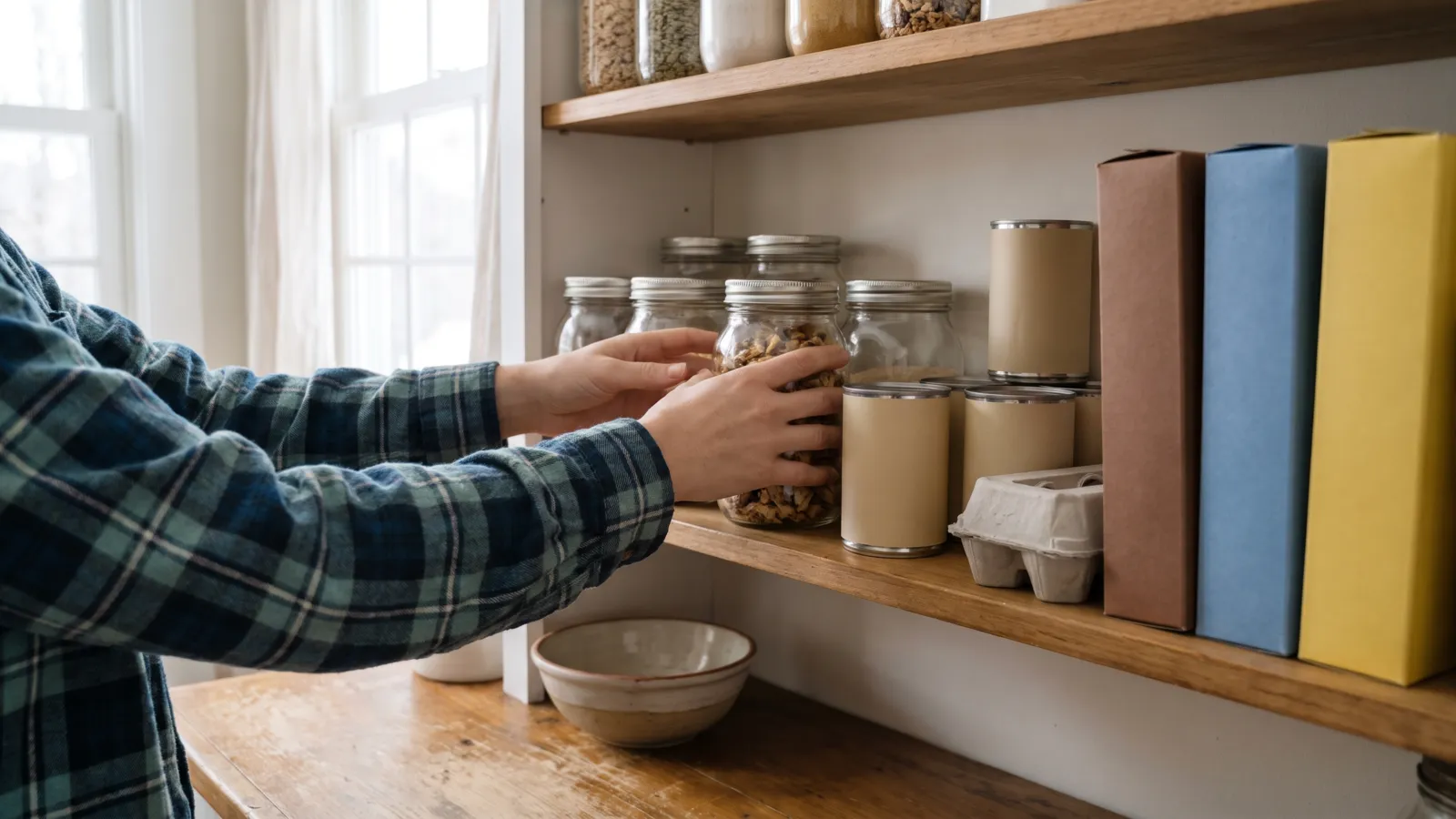 A bright American home pantry shelf with ordinary unlabeled jars
