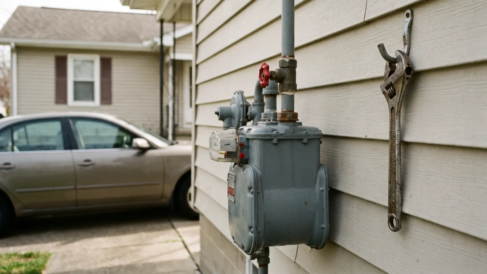 A residential gas meter with its shutoff valve on the outside wall of an American house