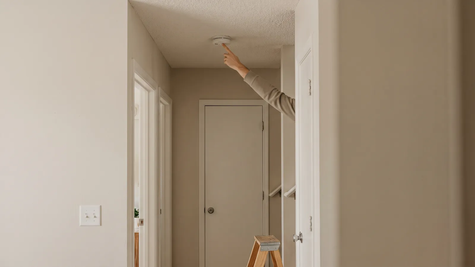 A white unbranded smoke alarm on the ceiling of an upstairs hallway outside bedrooms in an American home