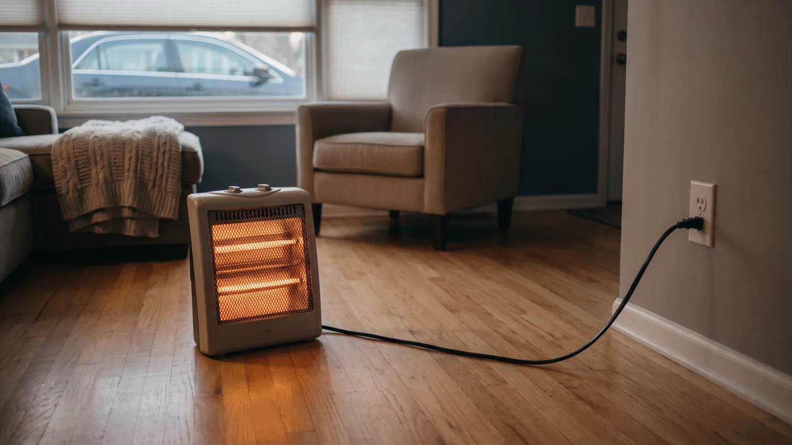 An unbranded electric space heater on a bare wood floor in an American living room
