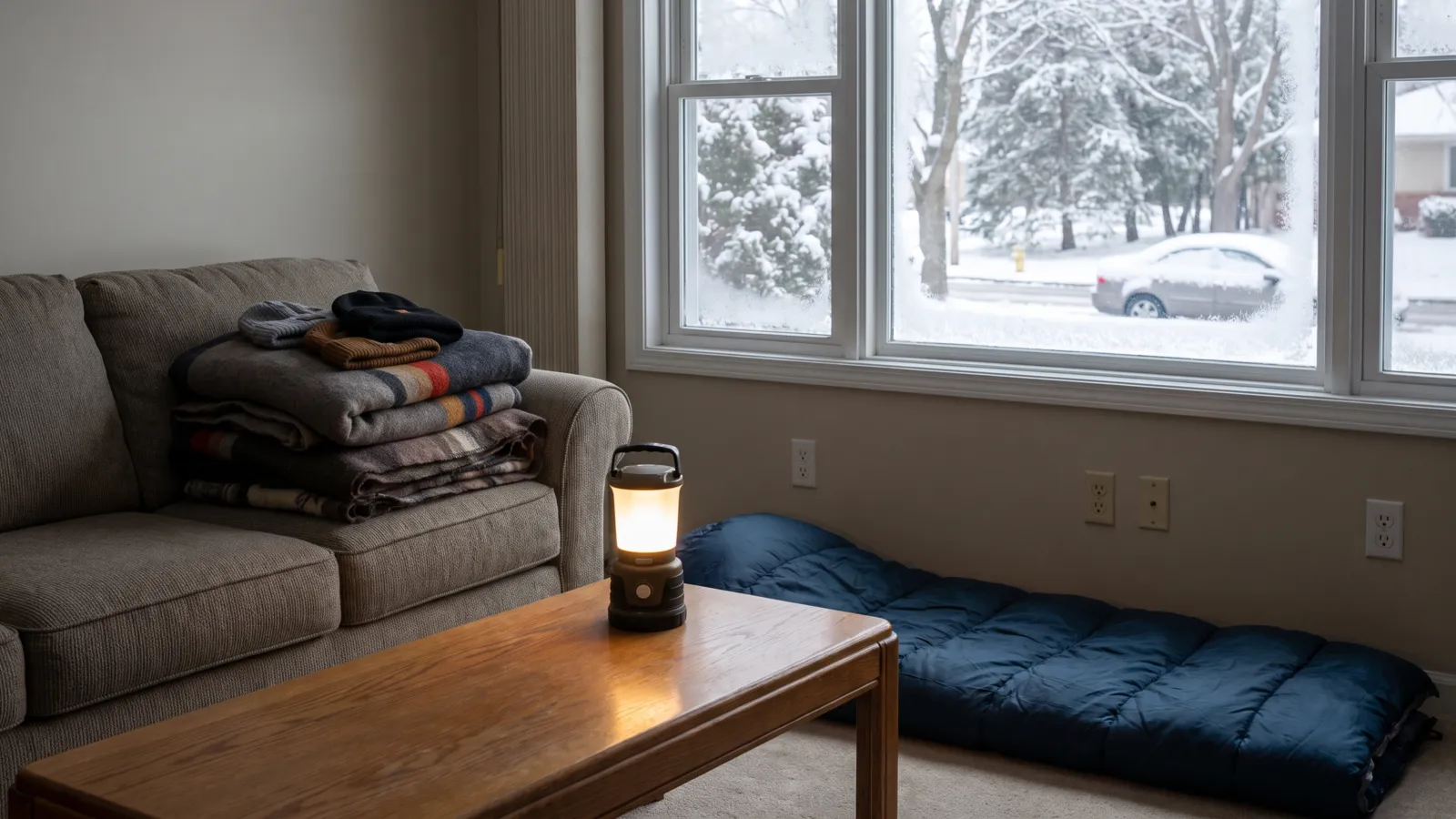 A cold American living room during a winter power outage made cozy with thick blankets