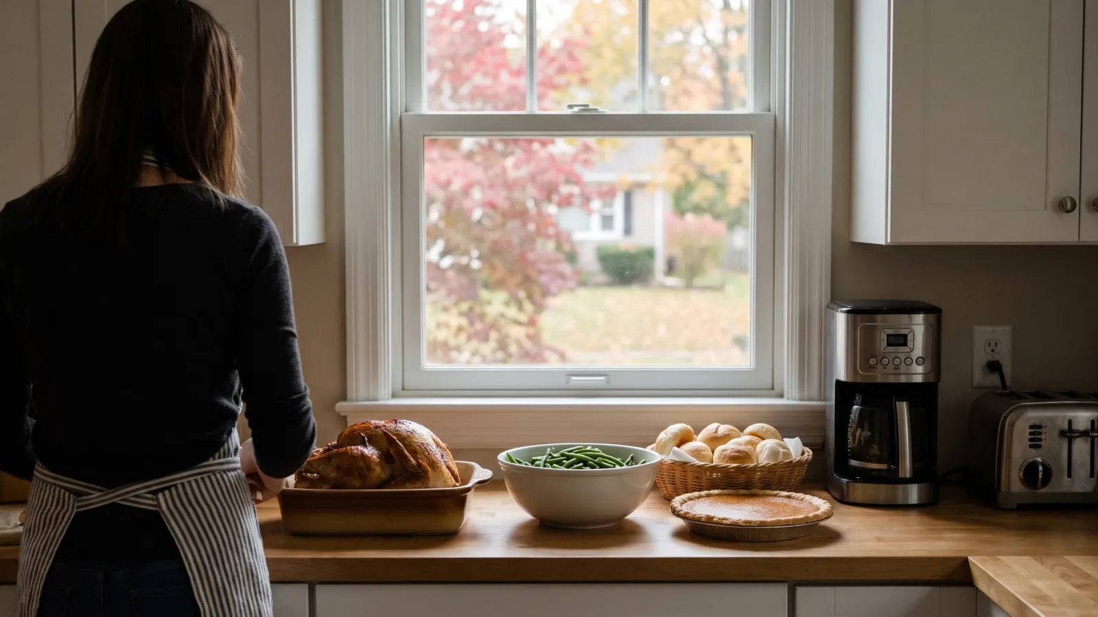 A warm American Thanksgiving kitchen in autumn light