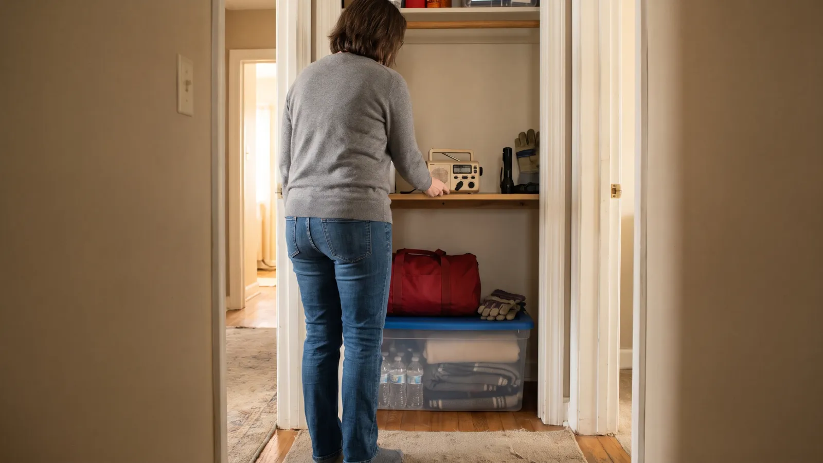An American hallway closet opened to show a plain red duffel bag