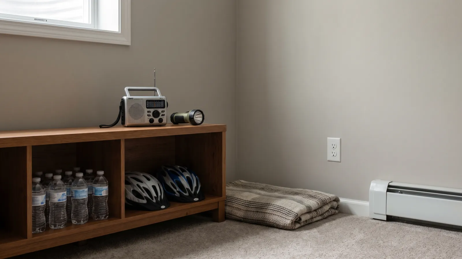 The corner of a finished basement in a Midwest American home set up as a storm shelter spot