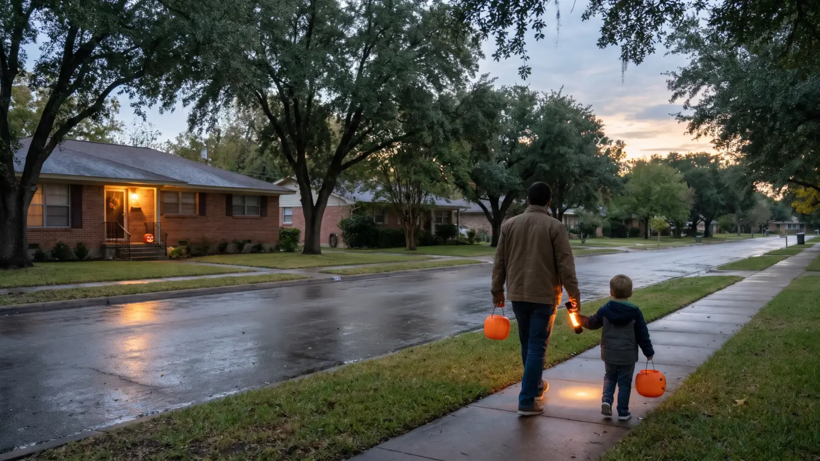 A calm early evening on a quiet Texas suburban street after rain
