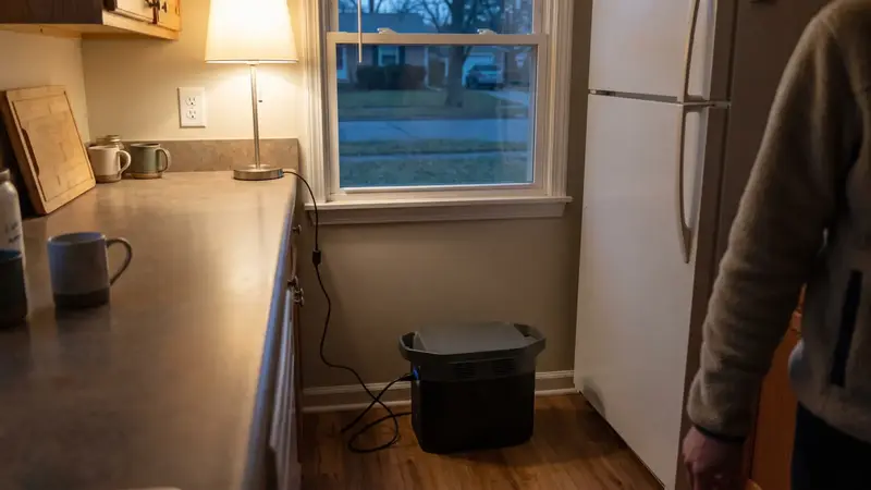 An unbranded portable power station on a kitchen floor running a refrigerator and a lamp during a power outage
