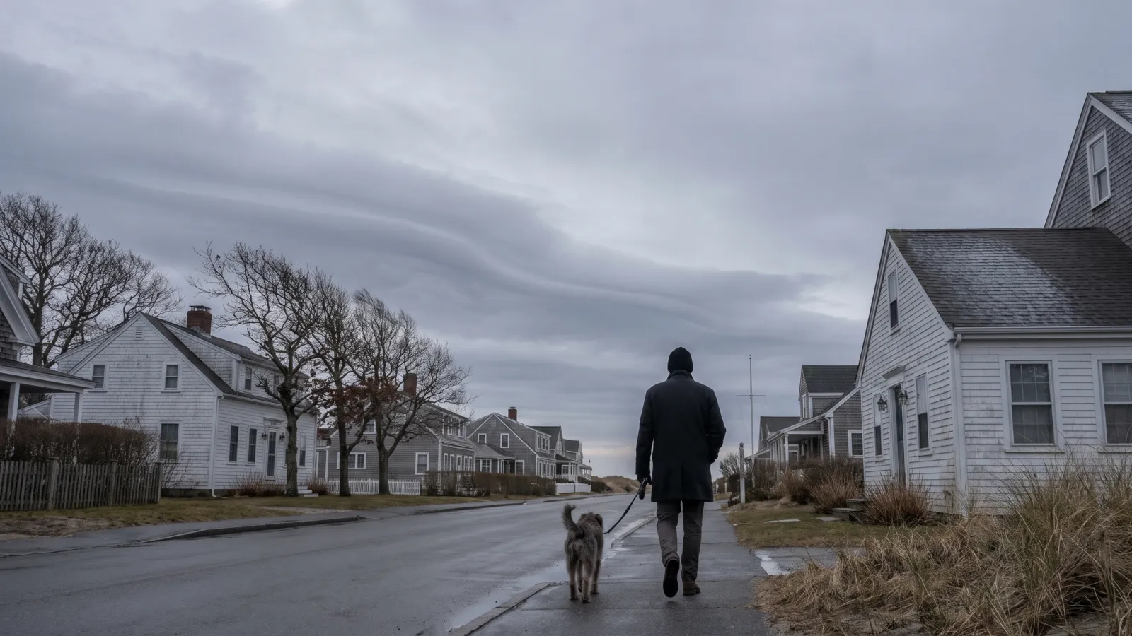 A calm American coastal town street at dawn under a vast grey overcast sky with swirling cloud banks