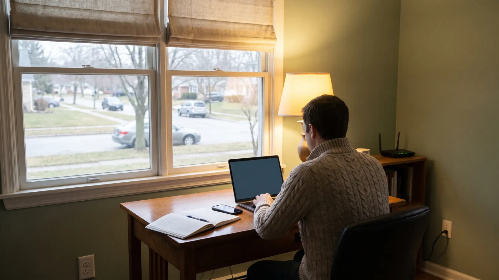 An American home office desk in warm lamplight