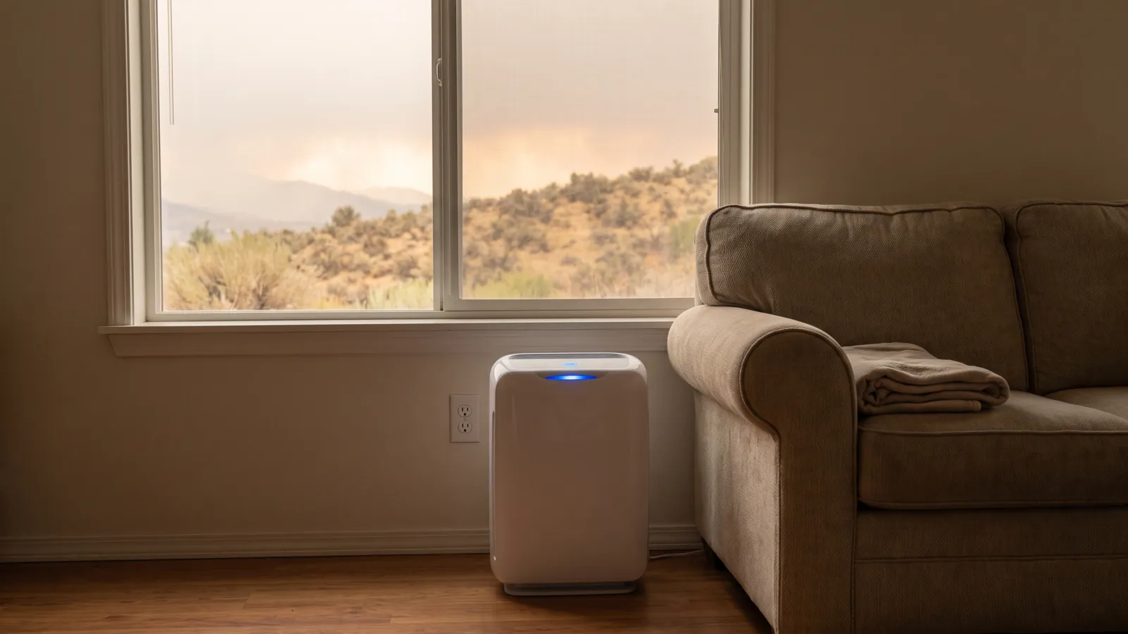 A clean-air room in an American home with a portable air purifier running beside a sofa