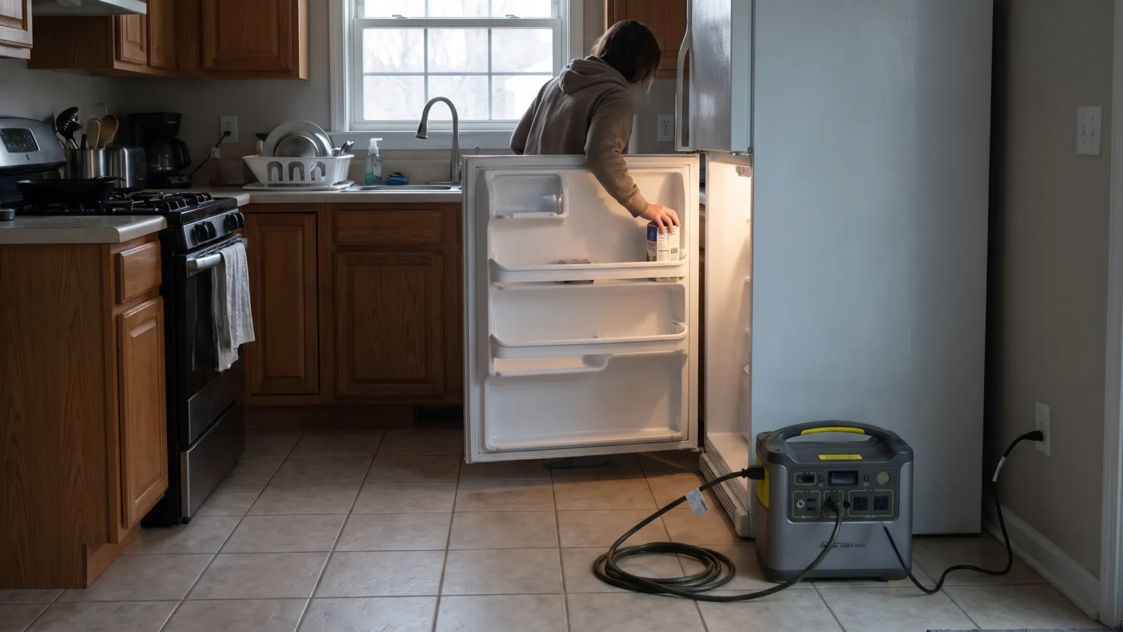 An American kitchen with a plain white refrigerator