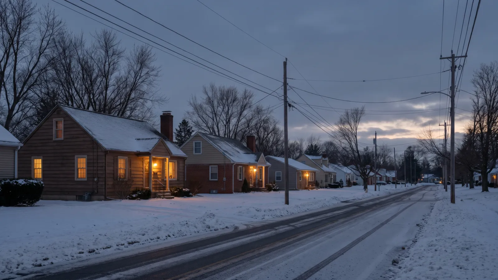 An American suburban neighborhood in a snowy twilight