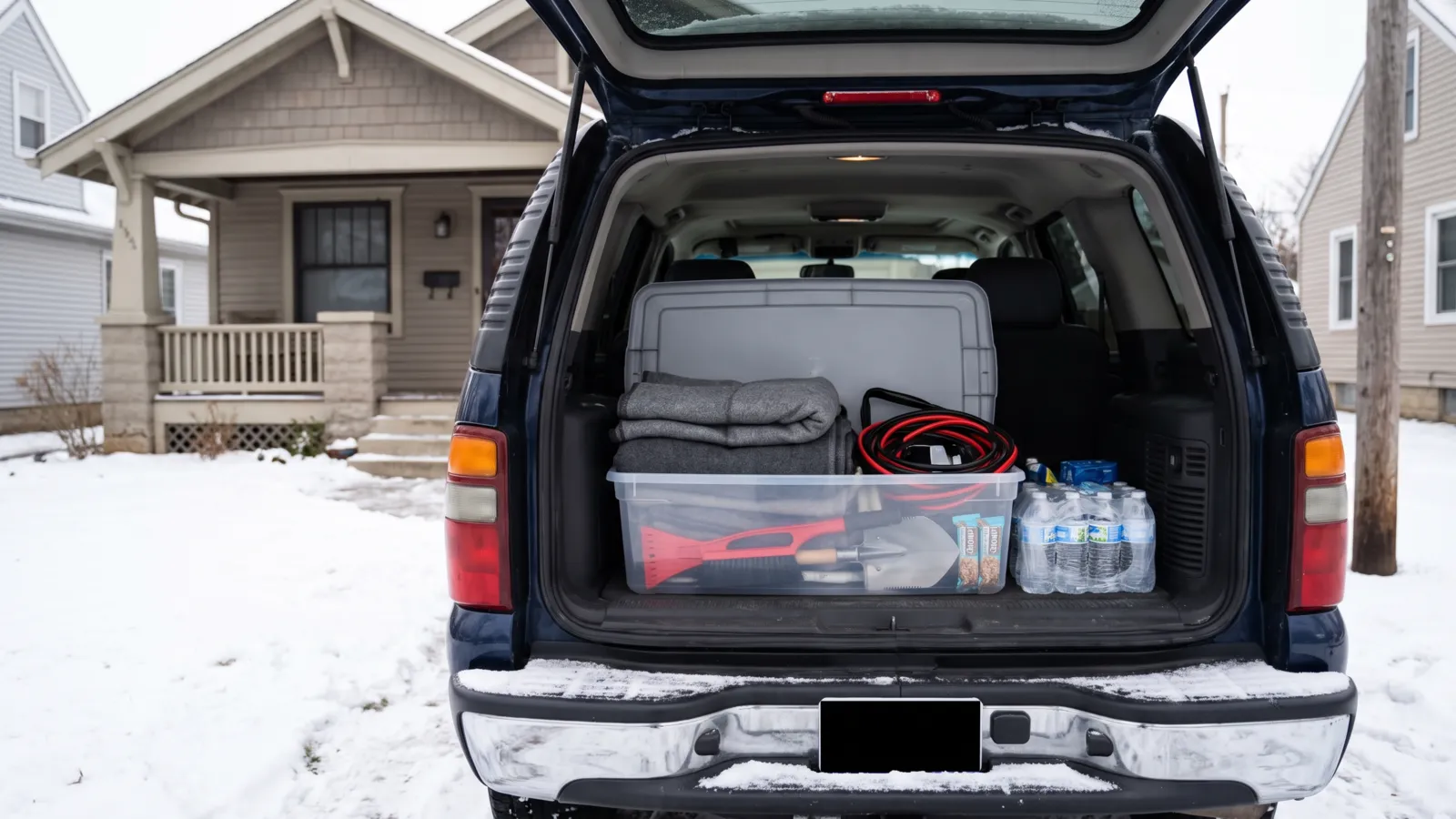 The open rear hatch of an American SUV parked in a snowy driveway, a winter emergency kit inside a plastic bin