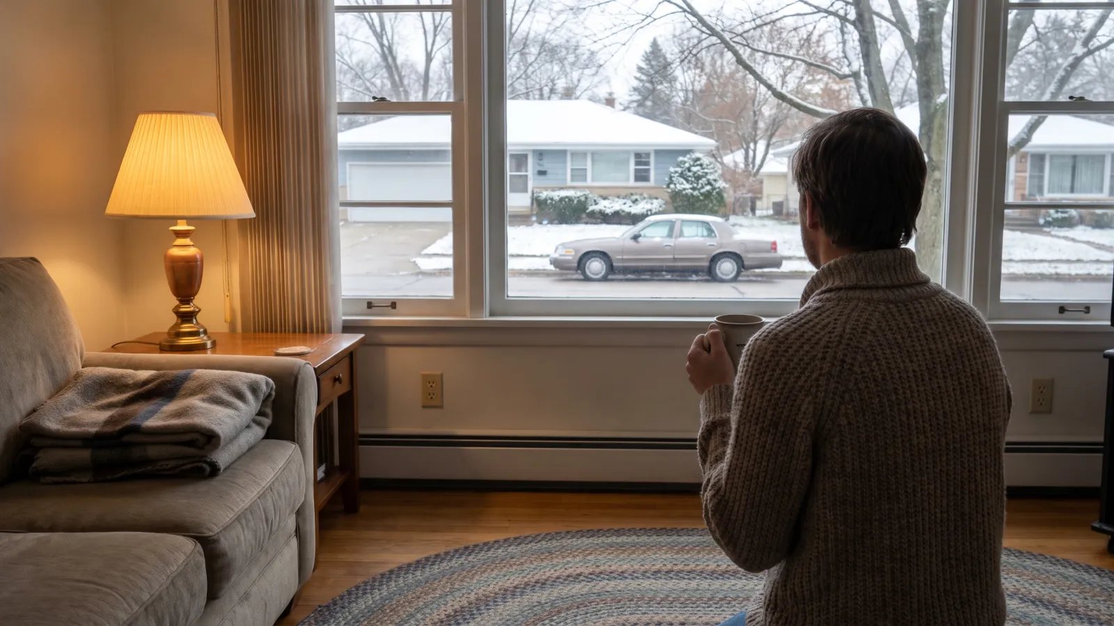 A warm, lived-in American living room on a gray early-winter afternoon
