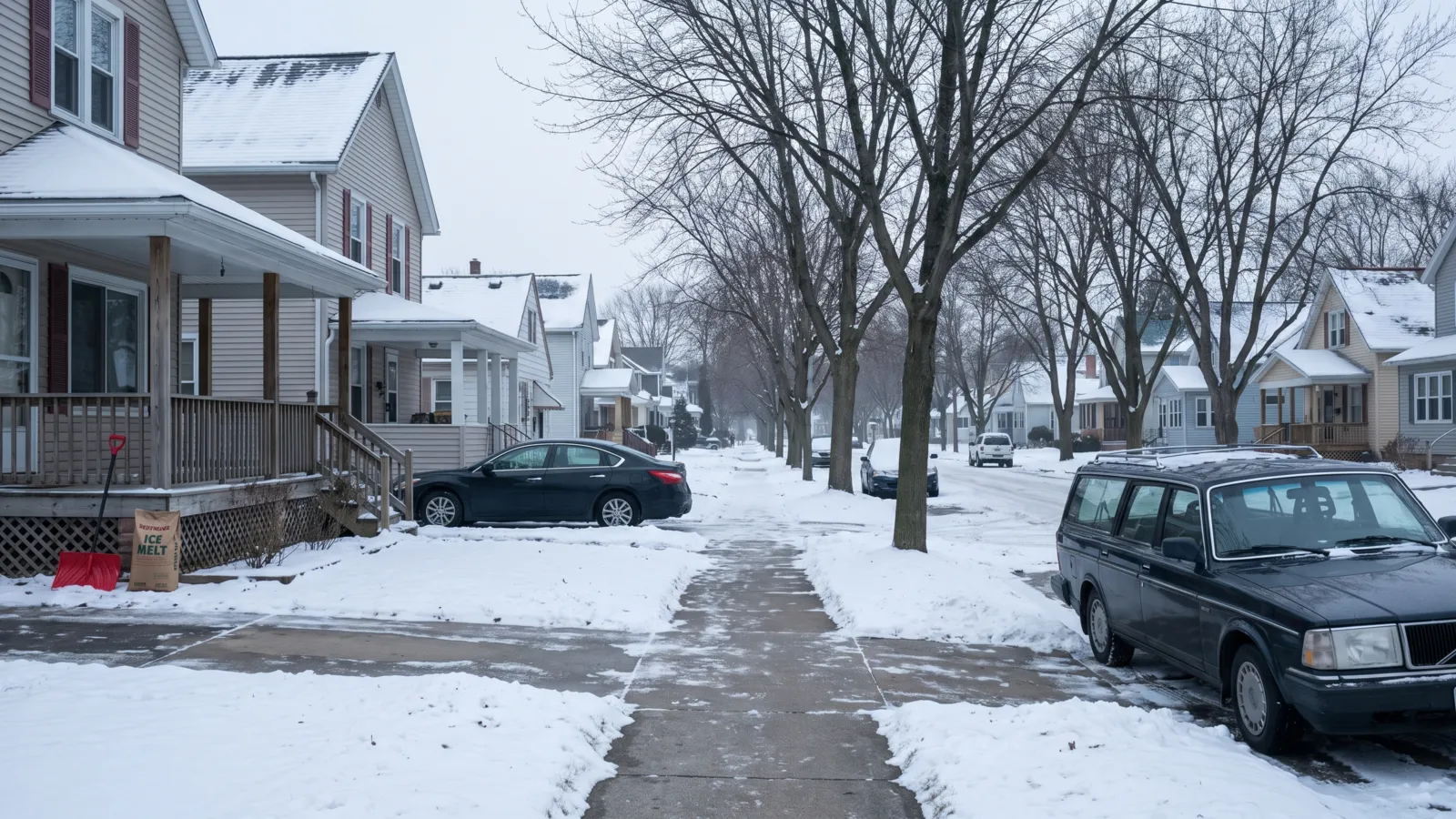 A quiet American suburban street the morning after a winter storm