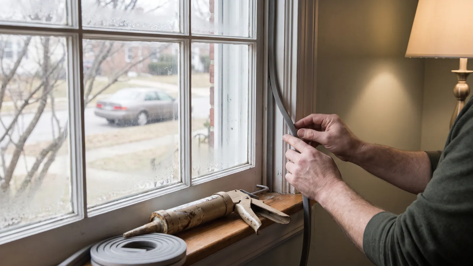 Hands applying foam weatherstripping to a window frame in an American home