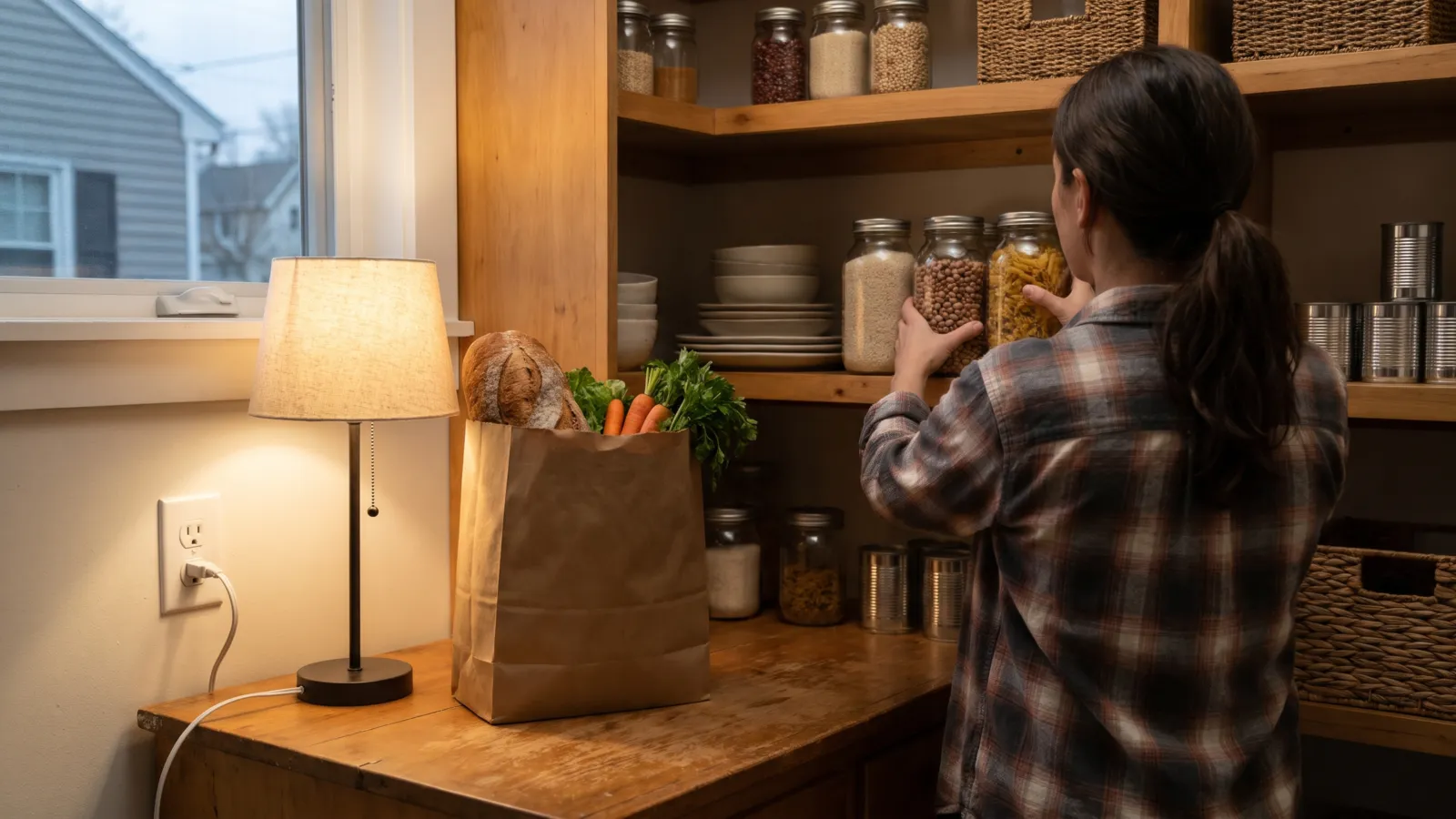 A warm, lived-in American kitchen pantry in the evening