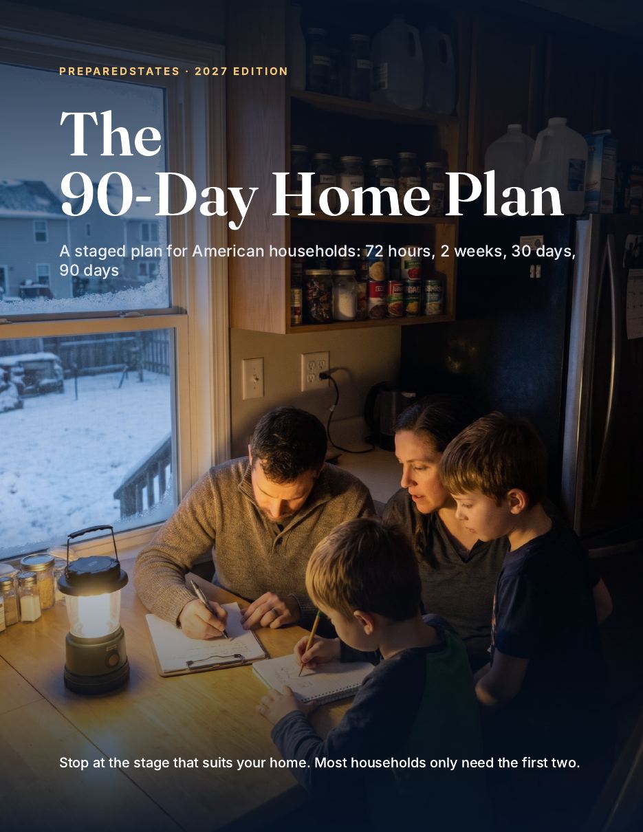 Cover of The 90-Day Home Plan, 2027 edition: a family writing a plan at a kitchen table by lantern light